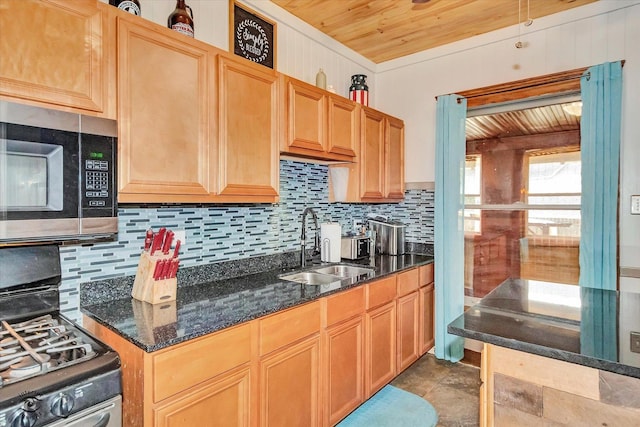 9826 S Walden Pkwy, Chicago, IL 60643 - kitchen featuring appliances with stainless steel finishes, wooden ceiling, backsplash, dark stone counters, and stone finish floors