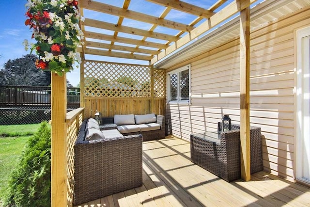 3302 Rustic Ln, Crown Point, IN 46307 - wooden terrace with an outdoor hangout area and a pergola