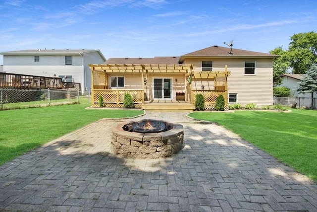 3302 Rustic Ln, Crown Point, IN 46307 - back of house with an outdoor fire pit, a pergola, a patio area, and a deck