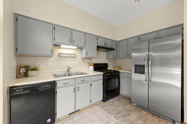 14208 S Napa Cir, Plainfield, IL 60544 - kitchen featuring black appliances, under cabinet range hood, light countertops, and gray cabinetry