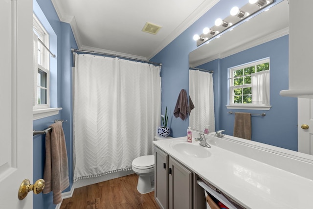 7425 Rosewind Dr, Plainfield, IL 60586 - full bathroom with vanity, ornamental molding, wood finished floors, and a shower with shower curtain