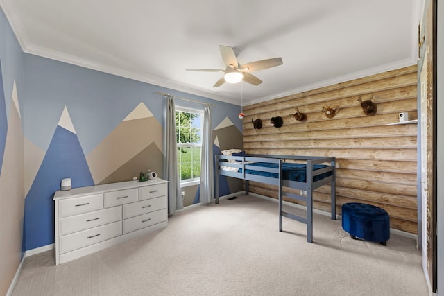 7425 Rosewind Dr, Plainfield, IL 60586 - bedroom with log walls, light colored carpet, crown molding, and a ceiling fan