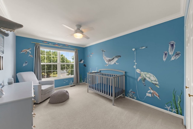 7425 Rosewind Dr, Plainfield, IL 60586 - bedroom featuring a nursery area, carpet flooring, ornamental molding, and a ceiling fan