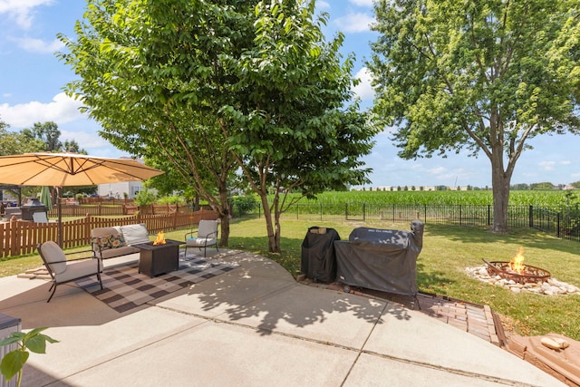 7425 Rosewind Dr, Plainfield, IL 60586 - fenced backyard with a fire pit, agricultural plots, a patio, and a view of countryside