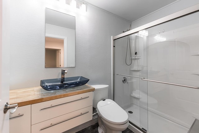2182 Waterbury Ln E Unit 2182, Sycamore, IL 60178 - full bathroom featuring vanity, a stall shower, a textured wall, and ornamental molding