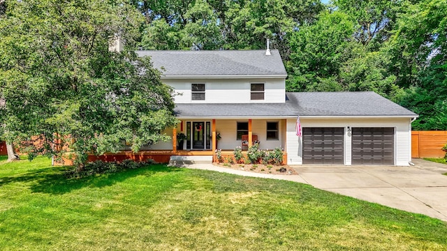 2519 Cherie Ln, Ottawa, IL 61350 - view of front of property featuring an attached garage, concrete driveway, a porch, roof with shingles, and a chimney