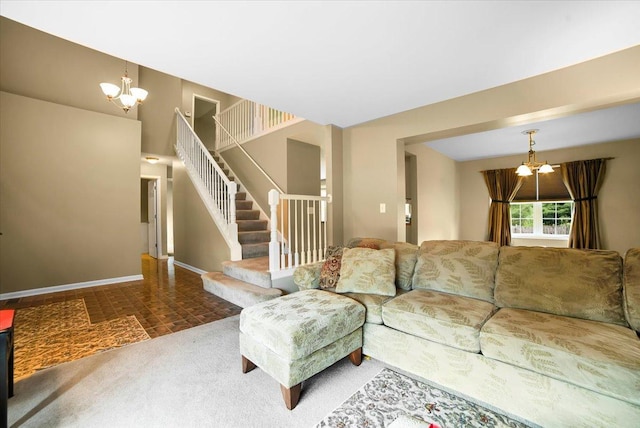 157 Concord Dr, Oswego, IL 60543 - living area featuring a chandelier, stairs, and carpet
