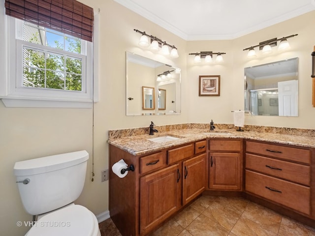 1135 Lexington Ln, Lake Zurich, IL 60047 - full bathroom with ornamental molding, double vanity, a stall shower, and tile patterned flooring