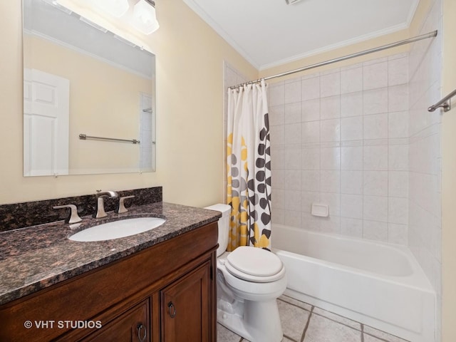 1135 Lexington Ln, Lake Zurich, IL 60047 - bathroom with vanity, shower / bathtub combination with curtain, crown molding, and tile patterned floors