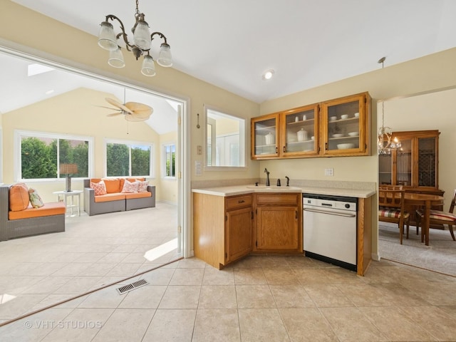 1135 Lexington Ln, Lake Zurich, IL 60047 - kitchen featuring dishwashing machine, lofted ceiling, a chandelier, light countertops, and ceiling fan