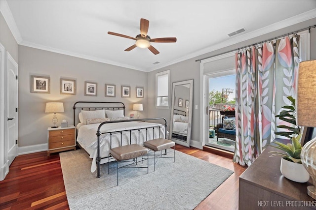 2340 W Roscoe St Unit 2W, Chicago, IL 60618 - bedroom with access to outside, dark wood-style floors, ornamental molding, and a ceiling fan