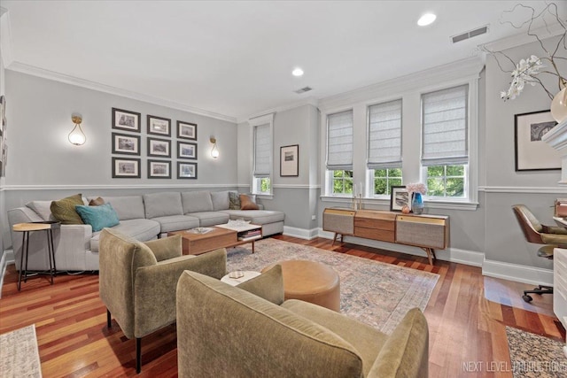 2340 W Roscoe St Unit 2W, Chicago, IL 60618 - living area featuring crown molding, healthy amount of natural light, hardwood / wood-style floors, and recessed lighting