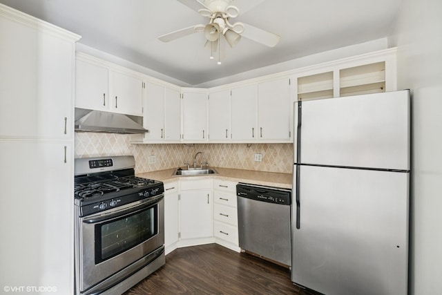 400 E Randolph St Unit 2902, Chicago, IL 60601 - kitchen featuring appliances with stainless steel finishes, under cabinet range hood, light countertops, ceiling fan, and dark wood-type flooring