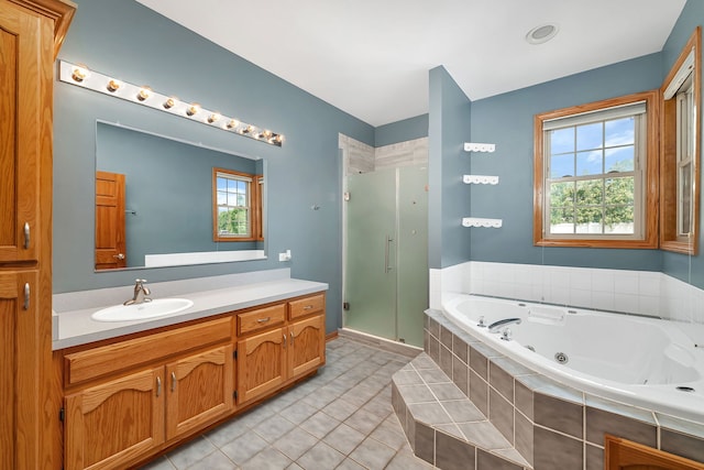 1824 Mia Dr, Crest Hill, IL 60403 - bathroom featuring a stall shower, a whirlpool tub, vanity, and tile patterned floors