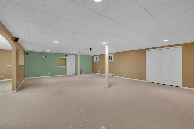 1824 Mia Dr, Crest Hill, IL 60403 - finished basement with light colored carpet, a paneled ceiling, recessed lighting, and arched walkways