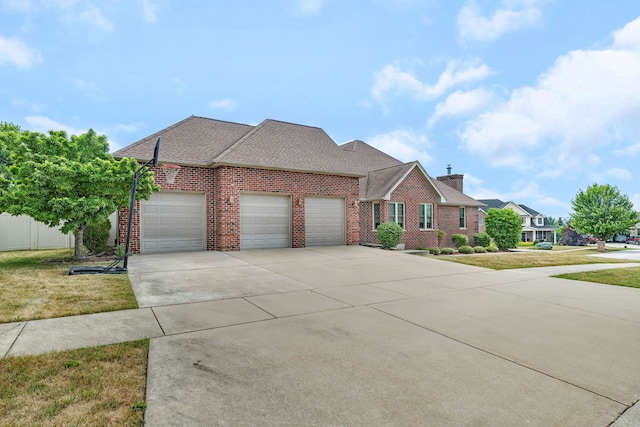 1824 Mia Dr, Crest Hill, IL 60403 - view of front of property with brick siding, a garage, concrete driveway, a chimney, and a shingled roof