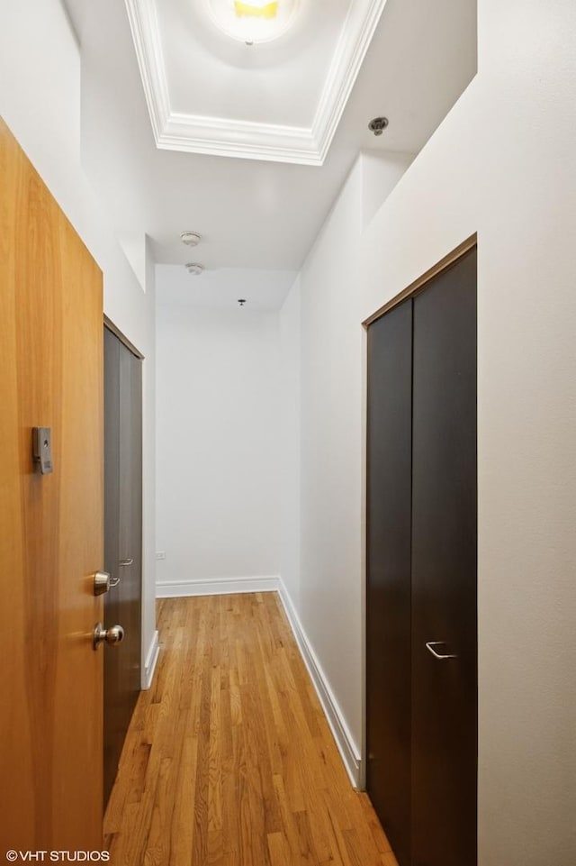 212 W Washington St Unit 1112, Chicago, IL 60606 - corridor with light wood finished floors, a tray ceiling, and ornamental molding