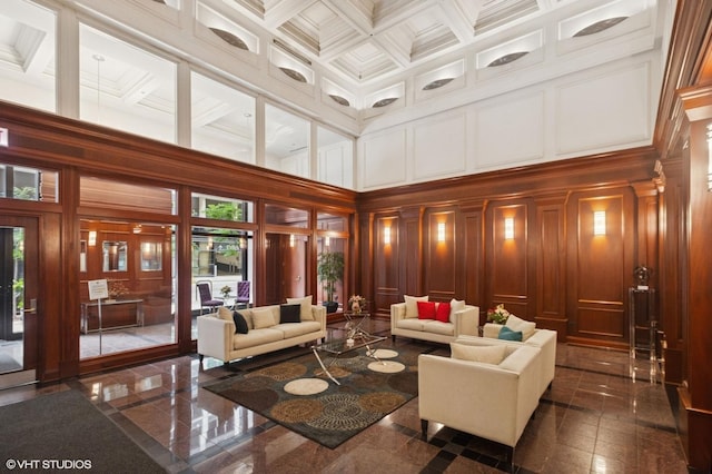 212 W Washington St Unit 1112, Chicago, IL 60606 - building lobby featuring a high ceiling, a decorative wall, coffered ceiling, crown molding, and beam ceiling
