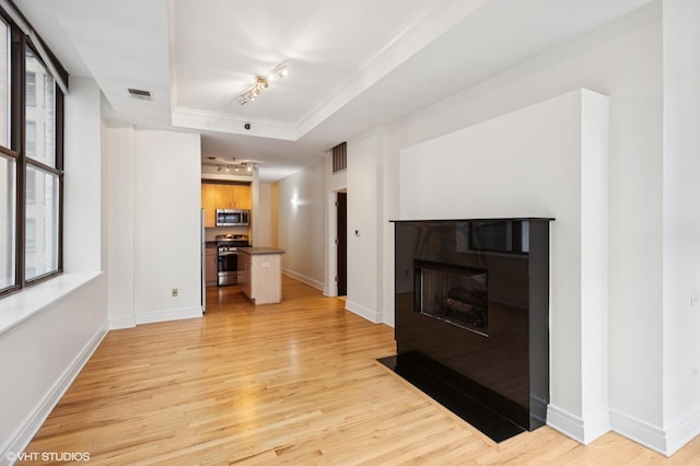 212 W Washington St Unit 1112, Chicago, IL 60606 - unfurnished living room featuring a raised ceiling, light wood-style flooring, rail lighting, and ornamental molding