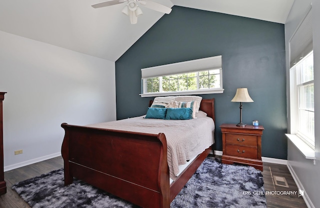 361 Lexington Ln, Grayslake, IL 60030 - bedroom featuring wood finished floors, multiple windows, high vaulted ceiling, and a ceiling fan