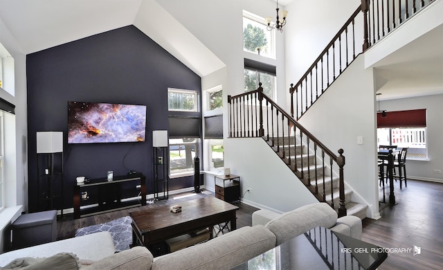 361 Lexington Ln, Grayslake, IL 60030 - living room featuring high vaulted ceiling, wood finished floors, healthy amount of natural light, a chandelier, and stairway