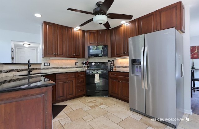 361 Lexington Ln, Grayslake, IL 60030 - kitchen featuring black appliances, backsplash, a ceiling fan, and recessed lighting