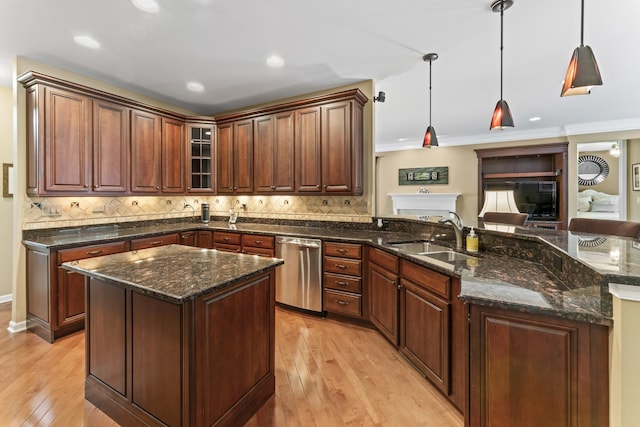 9 Aztec Ct, South Barrington, IL 60010 - kitchen featuring stainless steel dishwasher, a peninsula, light wood finished floors, decorative backsplash, and ornamental molding