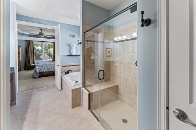 9 Aztec Ct, South Barrington, IL 60010 - full bathroom featuring tile patterned floors, ensuite bath, a garden tub, a shower stall, and ceiling fan