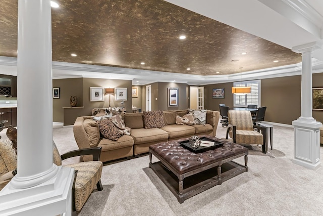 9 Aztec Ct, South Barrington, IL 60010 - living area with decorative columns, light colored carpet, recessed lighting, ornamental molding, and a tray ceiling