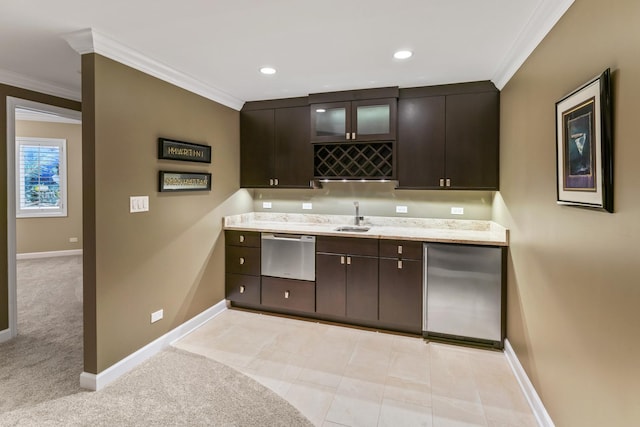 9 Aztec Ct, South Barrington, IL 60010 - indoor wet bar with fridge, stainless steel dishwasher, ornamental molding, recessed lighting, and light carpet