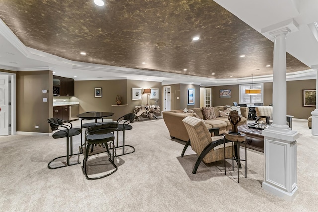 9 Aztec Ct, South Barrington, IL 60010 - living room with ornate columns, a tray ceiling, light carpet, crown molding, and recessed lighting