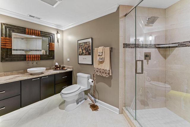 9 Aztec Ct, South Barrington, IL 60010 - bathroom featuring vanity, a stall shower, tile patterned flooring, and crown molding