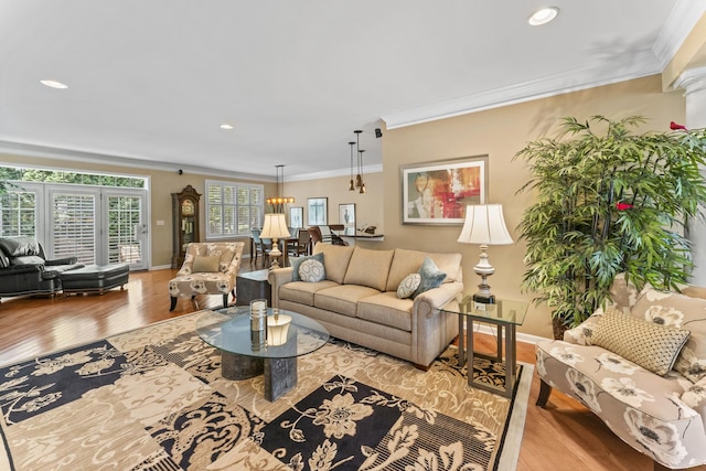 9 Aztec Ct, South Barrington, IL 60010 - living room featuring wood finished floors, crown molding, and recessed lighting