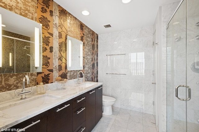 240 E Illinois St Unit 2702, Chicago, IL 60611 - full bathroom with double vanity, a shower stall, marble look tile flooring, recessed lighting, and wallpapered walls