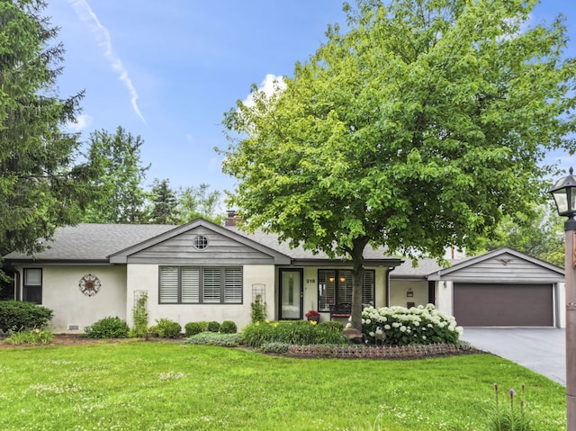 216 Hickory Ct, Northbrook, IL 60062 - ranch-style home with driveway, a garage, a front lawn, stucco siding, and a chimney