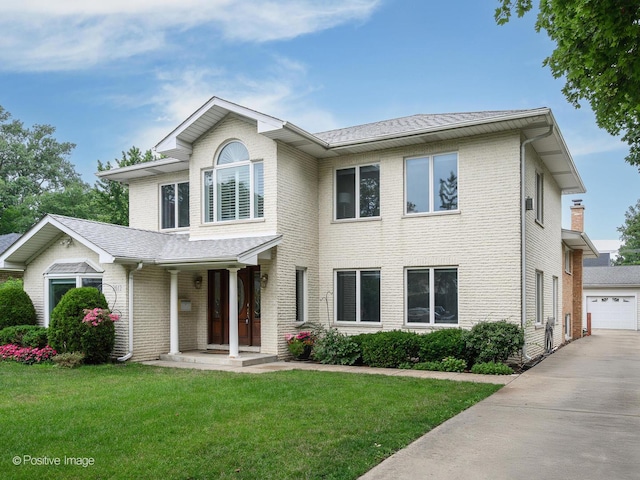 2612 Wilmette Ave, Wilmette, IL 60091 - view of front of home with a front yard, brick siding, concrete driveway, covered porch, and an outdoor structure
