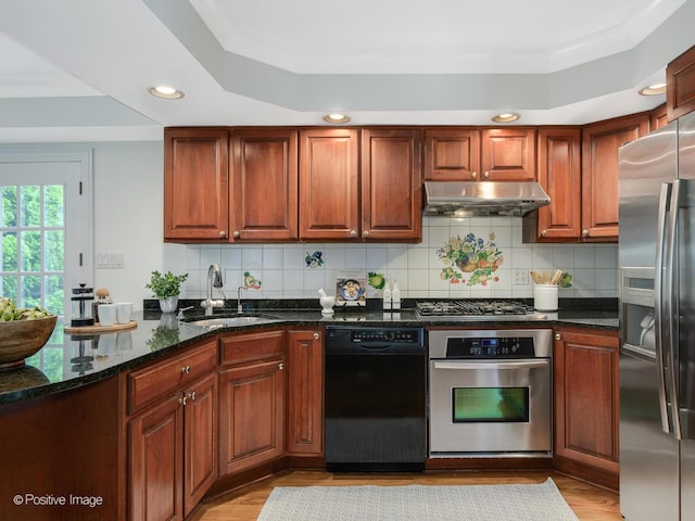 2612 Wilmette Ave, Wilmette, IL 60091 - kitchen featuring appliances with stainless steel finishes, under cabinet range hood, light wood-style flooring, a raised ceiling, and dark stone countertops