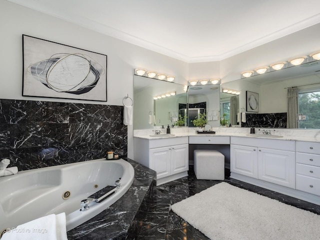 2612 Wilmette Ave, Wilmette, IL 60091 - full bathroom featuring marble tiled floors, vanity, a whirlpool tub, crown molding, and tasteful backsplash