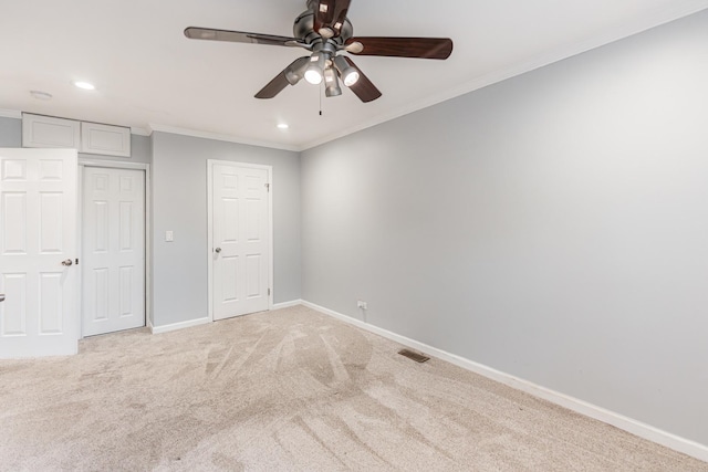 327 Georgetown Ct Unit B, Bloomingdale, IL 60108 - unfurnished bedroom with light colored carpet, recessed lighting, crown molding, a closet, and ceiling fan