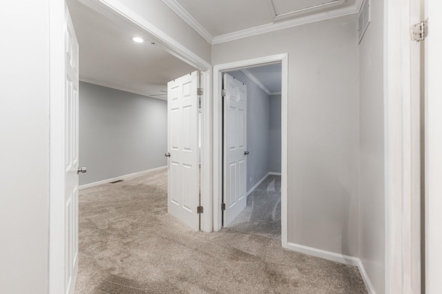 327 Georgetown Ct Unit B, Bloomingdale, IL 60108 - hallway featuring carpet flooring, ornamental molding, and attic access