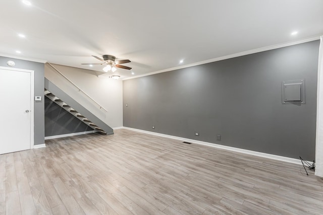 327 Georgetown Ct Unit B, Bloomingdale, IL 60108 - unfurnished living room featuring a ceiling fan, crown molding, stairs, recessed lighting, and light wood finished floors