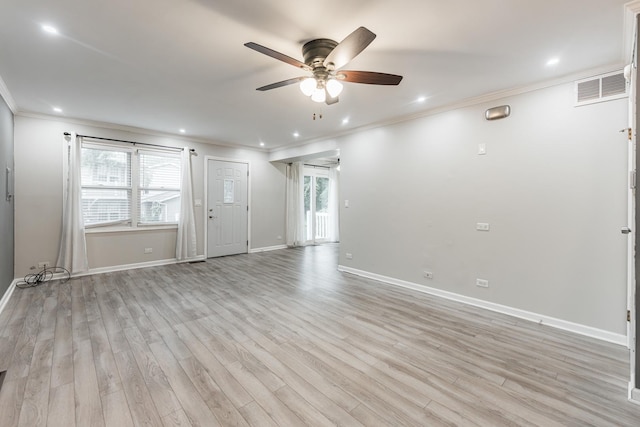 327 Georgetown Ct Unit B, Bloomingdale, IL 60108 - spare room with ornamental molding, ceiling fan, light wood-style floors, and recessed lighting