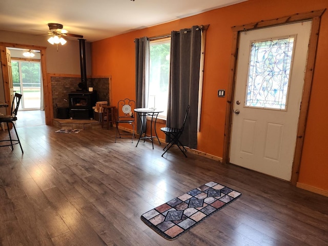 3100 W Brooke Ave, Waukegan, IL 60087 - foyer with a wood stove, wood finished floors, and a ceiling fan