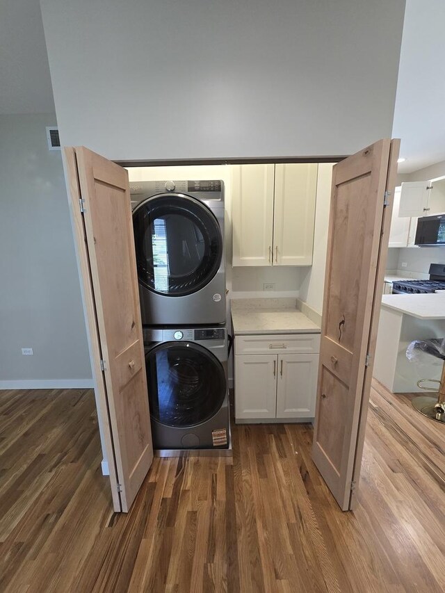 327 Lincoln Ave, Woodstock, IL 60098 - laundry room featuring stacked washing machine and dryer and dark wood-style floors