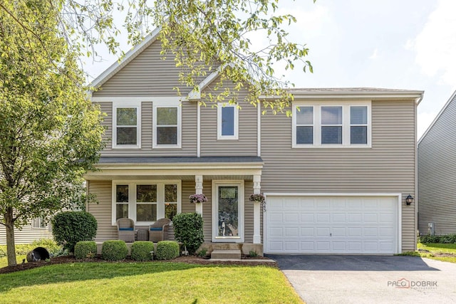 843 Brahms Rd, Volo, IL 60073 - traditional-style home featuring covered porch, asphalt driveway, an attached garage, and a front lawn