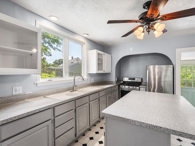1639 Arlington Ave, Rockford, IL 61107 - kitchen featuring appliances with stainless steel finishes, gray cabinets, a textured ceiling, a center island, and ceiling fan