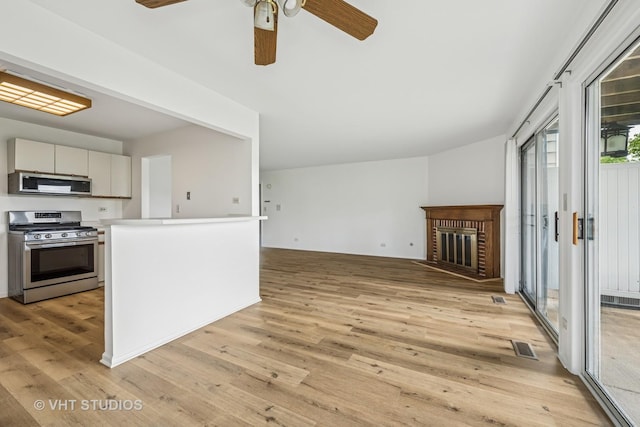 600 Hanover Ct Unit V1, Schaumburg, IL 60194 - unfurnished living room featuring light wood-style floors, a ceiling fan, and a brick fireplace