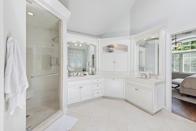 31 Oak St S, Hinsdale, IL 60521 - ensuite bathroom with a shower stall, double vanity, vaulted ceiling, and plenty of natural light