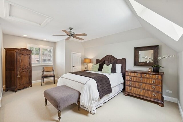31 Oak St S, Hinsdale, IL 60521 - bedroom with light colored carpet, attic access, ceiling fan, a skylight, and recessed lighting