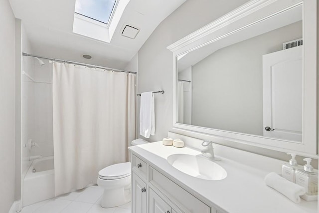 31 Oak St S, Hinsdale, IL 60521 - bathroom featuring a skylight, vanity, lofted ceiling, tile patterned flooring, and shower / bath combination with curtain